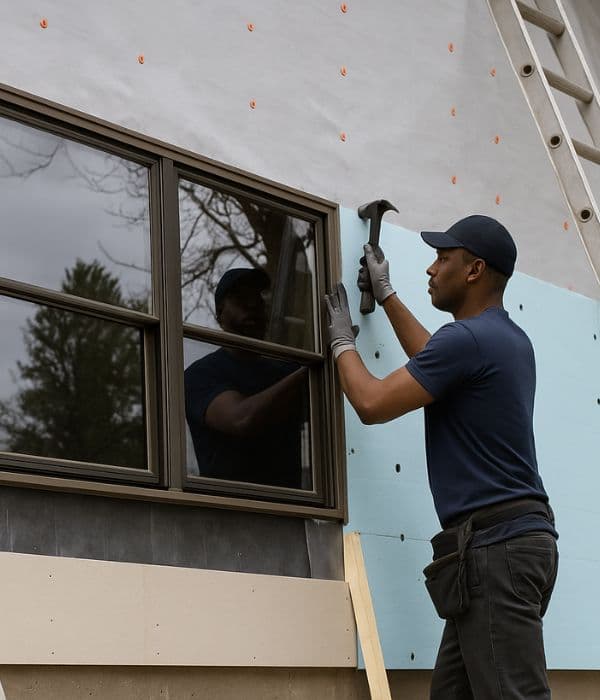 Contractor installing exterior insulation around a window