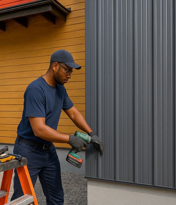 Contractor installing metal siding panels on a home exterior