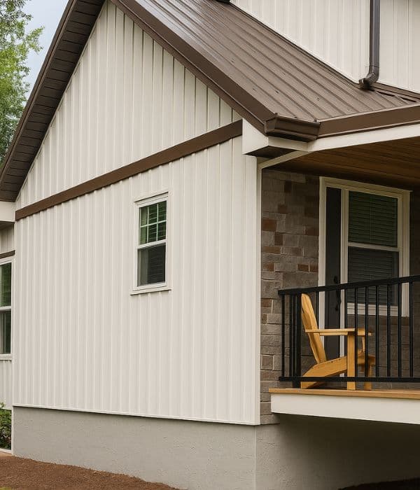 Home exterior with vertical siding and covered porch
