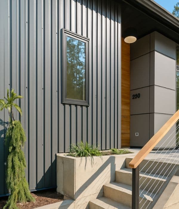 Modern home exterior with vertical metal siding and entryway