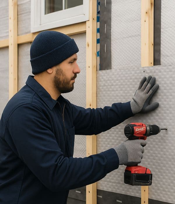 Worker installing exterior insulation panels on a home
